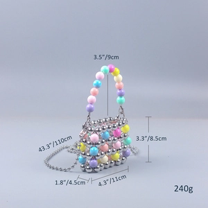 Macro detail of colorful beaded mini square bag showing 11x8.5x4.5cm dimensions and chain
