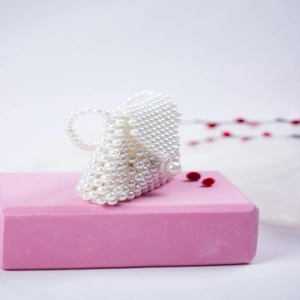 Elegant mini faux pearl beaded dumpling handbag with handmade woven texture and top handle