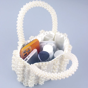 Handmade pearl beaded tote bag with large capacity and white silk lining in 45-degree view