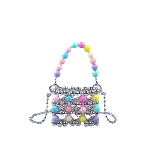 Handmade beaded crossbody mini bag with colorful pearls and silver hollow frame design