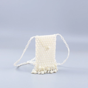 Handgefertigte weiße Perlen-Handytasche mit Vintage-Fransen und langem Schultergurt