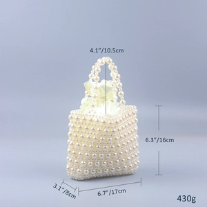 Detailed size specifications for a handmade pearl woven handbag with a satin inner pouch