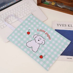 Detail of A4 Oxford canvas document bag with green gingham pattern and cute puppy illustration