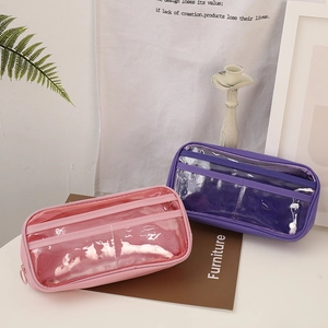 Astuccio portapenne a doppio strato rosa e viola in tela con finestra in PVC