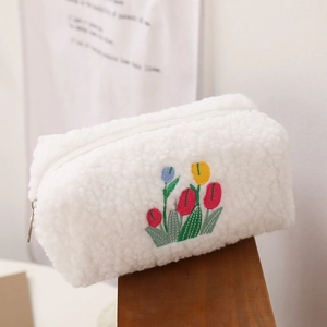 Cute Sherpa Fleece Pencil Case Plush Cosmetic Bag With Tulip Embroidery Zipper Portable Stationery Organizer For Students