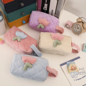 Cute Quilted Corduroy Pencil Case Aesthetic Tulip Flower Makeup Bag Large Capacity Travel Cosmetic Pouch With Handle For Girls