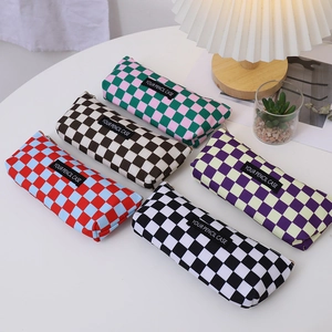 Large Capacity Checkerboard Canvas Pencil Case Minimalist Zipper Stationery Storage Pen Bag For Students Office School Supplies