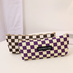 Large capacity checkerboard pencil case with stylish zipper and woven brand label