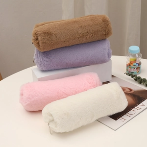 Cute Plush Pencil Case Large Capacity Faux Fur Cylindrical Pen Bag For School Girls Office Students Stationery Storage Box