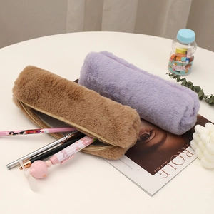 Large capacity plush pencil case set in purple and brown with a soft faux fur texture