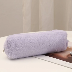 Cute large capacity purple plush pencil case for girls with soft faux fur and metal zipper