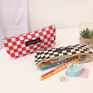 Large capacity checkerboard canvas pencil case in red-blue and black-white plaid patterns
