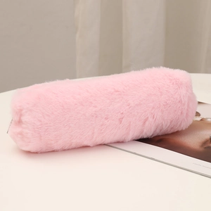 Close-up of soft pink faux fur material on the cylindrical plush pencil case