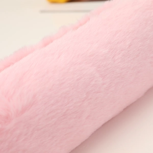 Close-up of the soft pink plush texture and faux fur material on this large capacity pencil case