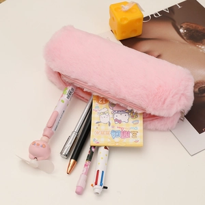 Pink plush pencil case with large capacity and zipper closure for school stationery