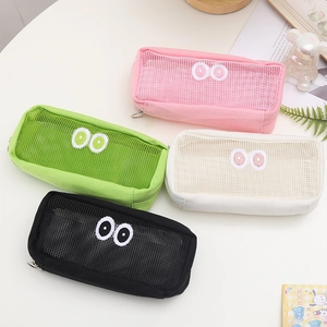 Mesh pencil case with big eye embroidery in pink, green, white and black colors