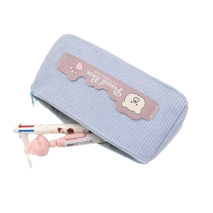 Light blue corduroy pencil case with cute bear patch and large storage capacity