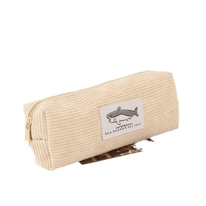 Trousse en velours côtelé beige crème avec écusson requin, grande capacité de stockage