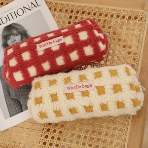 Japanese style waffle fleece pencil pouch set with plaid pattern and soft texture