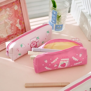 Astuccio per matite motivo fragola rosa con grande capacità e chiusura a cerniera