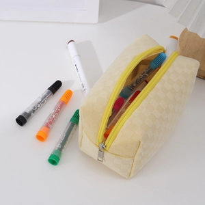 Close-up of checkers pattern pencil case with smooth zipper and large storage space