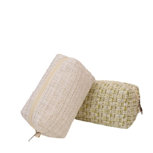 Green and cream checkered tweed makeup bags set with cute heart embroidery and zippers