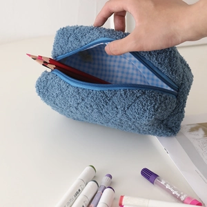 Blue fuzzy fleece pencil case with large capacity and blue checkered lining for students