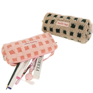 Japanese style waffle fleece pencil case with checkerboard pattern and large storage capacity