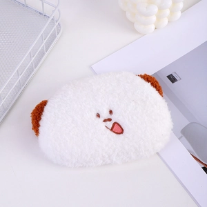 Detail of white plush bear coin purse featuring cute embroidery and soft fluffy texture