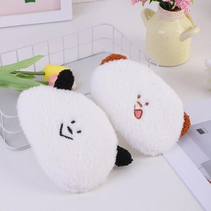 Plush bear and panda coin purses in soft white faux fur with cartoon embroidery details