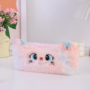 Close-up of plush cat pencil case with pink ears and embroidered cat face details