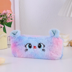 Close-up of cat plush pencil case with pink and blue gradient fur and metal chain