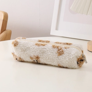 Cute teddy bear print sherpa storage bag for cosmetics and stationery essentials