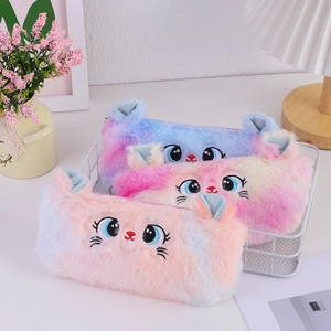 Cat shaped plush pencil case in gradient colors with sequined ears and cute embroidery