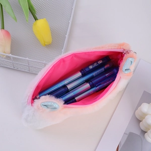 Plush gradient pink-orange cat pencil case with large capacity and smooth zipper