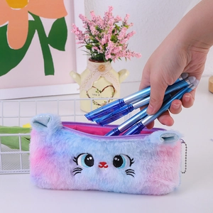 Close-up of fluffy cat pencil case showing large capacity and soft plush texture