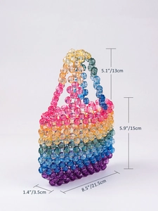 Detail view of handmade rainbow beaded handbag with dimensions of 21.5cm by 15cm