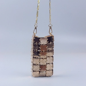 Futuristic gold square metal sequin woven crossbody phone bag with chain strap
