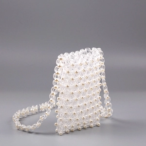 Handmade clear acrylic crystal and white pearl beaded crossbody mini bag for women