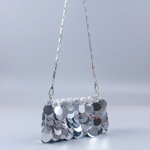 Silver sequin crossbody evening bag with metallic chain strap for parties and events