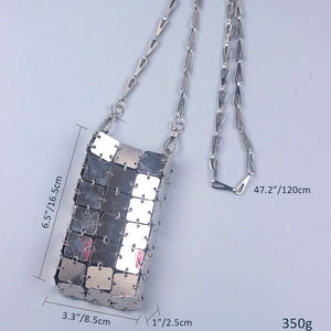 Detail of silver metallic square plate crossbody phone bag showing size and chain strap