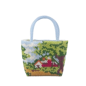 Handmade beaded tote bag with colorful landscape patterns and light blue handles