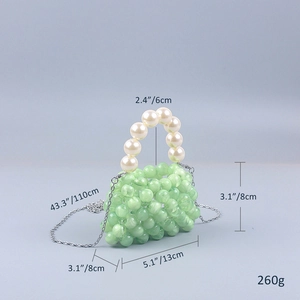 Mini green marble acrylic bead bag with pearl handle and chain showing dimensions