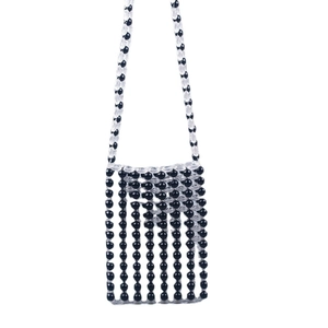 Handmade beaded crossbody bag with black and transparent acrylic beads in geometric pattern