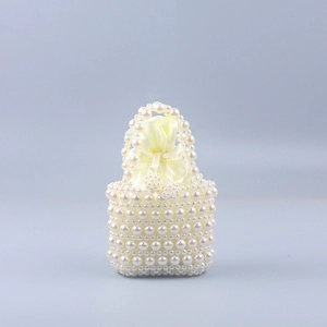 Artificial Pearl Beaded Handbag Handmade Woven Hollow Out Mini Bucket Bag With Drawstring Satin Lining Retro Party Wedding Women
