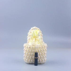 Handmade pearl beaded tote bag with satin drawstring pouch and small compact size