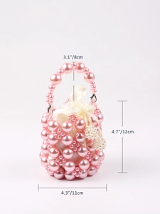 Detail of pink pearl bucket bag with dimensions and cream satin drawstring liner