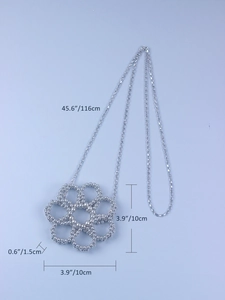 Detailed view of silver acrylic beaded flower mini bag with chain dimensions and size info