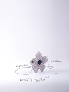 Detailed size chart of handmade beaded flower mini bag with silver chain strap dimensions