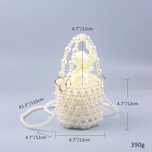 Detailed size view of a pearl beaded bucket bag with dimensions 12cm height and 110cm chain